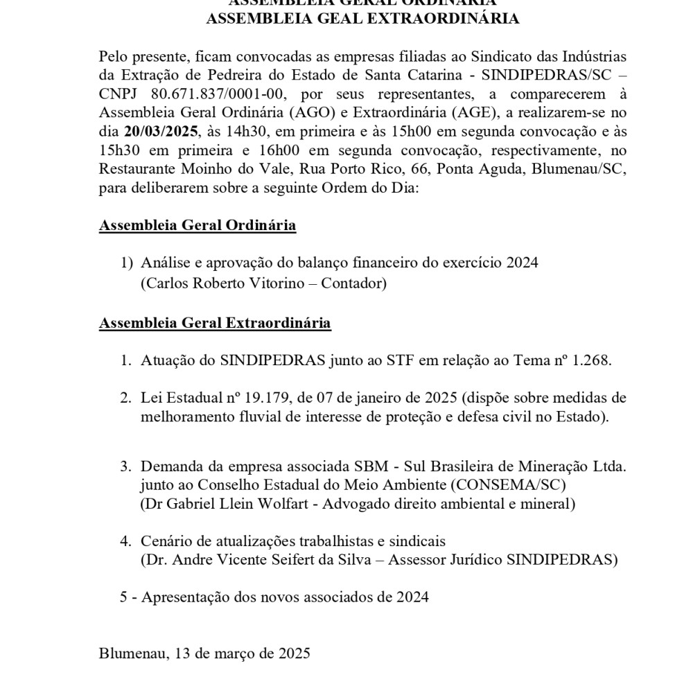 EDITAL DE CONVOCAÇÃO CONJUNTO - AGO E AGE - 20/03/2025